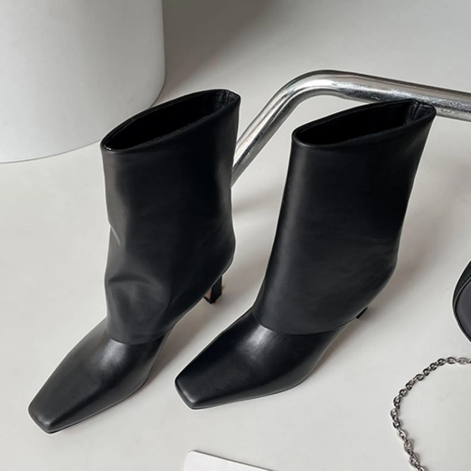 Vertundy Women's Knee High Boots Fold Over High Heel Booties Square Toe Comfortable Dress Kitten Heel Shoes