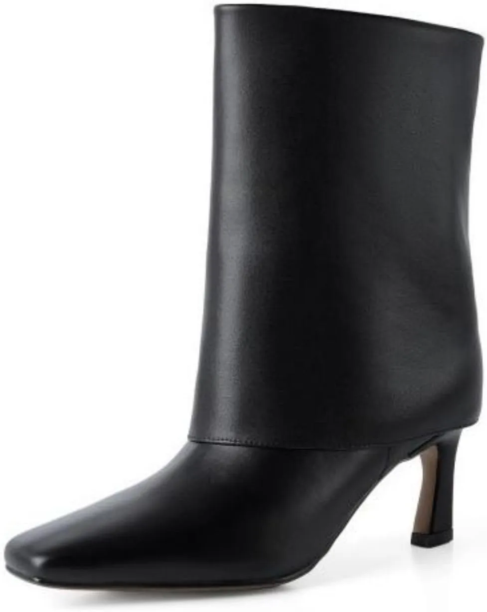 Vertundy Women's Knee High Boots Fold Over High Heel Booties Square Toe Comfortable Dress Kitten Heel Shoes