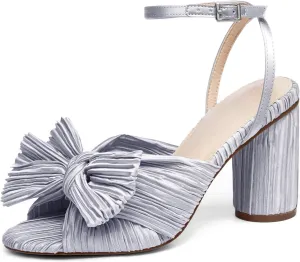 VETASTE Women's Bow Knot Heeled Sandals Bridal Wedding Open Toe Ankle Strap Chunky Heels