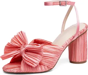 VETASTE Women's Bow Knot Heeled Sandals Bridal Wedding Open Toe Ankle Strap Chunky Heels