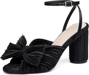 VETASTE Women's Bow Knot Heeled Sandals Bridal Wedding Open Toe Ankle Strap Chunky Heels