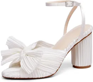VETASTE Women's Bow Knot Heeled Sandals Bridal Wedding Open Toe Ankle Strap Chunky Heels