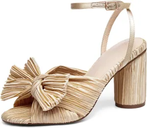 VETASTE Women's Bow Knot Heeled Sandals Bridal Wedding Open Toe Ankle Strap Chunky Heels