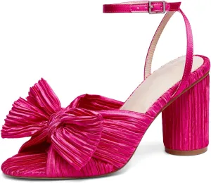 VETASTE Women's Bow Knot Heeled Sandals Bridal Wedding Open Toe Ankle Strap Chunky Heels