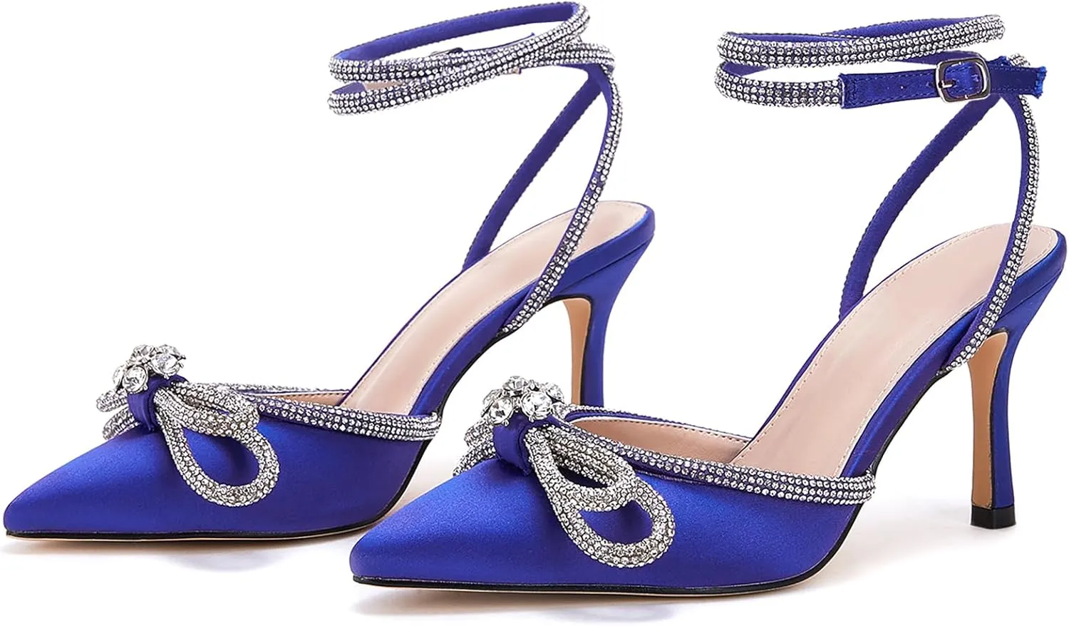 VETASTE Women's Double Bow Pointed Toe Ankle Strap Crystal Pumps Wedding Bridal Party Stilettos Backless Satin Heeled Sandals