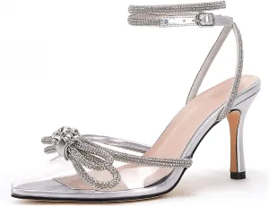 VETASTE Women's Double Bow Pointed Toe Ankle Strap Crystal Pumps Wedding Bridal Party Stilettos Backless Satin Heeled Sandals