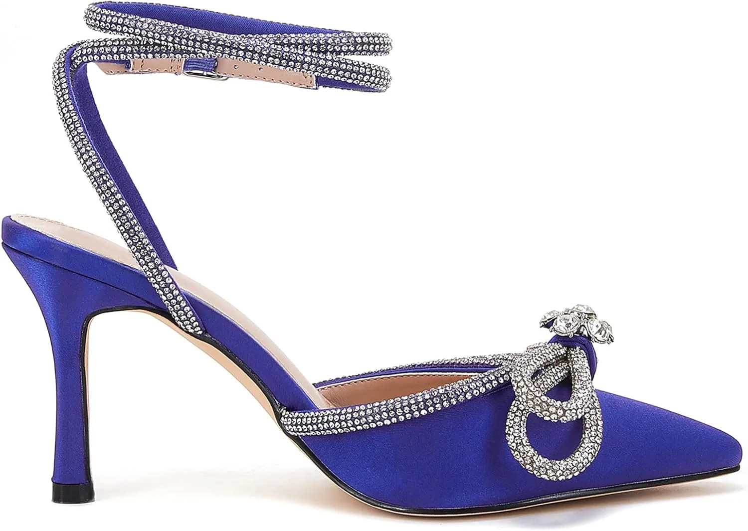 VETASTE Women's Double Bow Pointed Toe Ankle Strap Crystal Pumps Wedding Bridal Party Stilettos Backless Satin Heeled Sandals