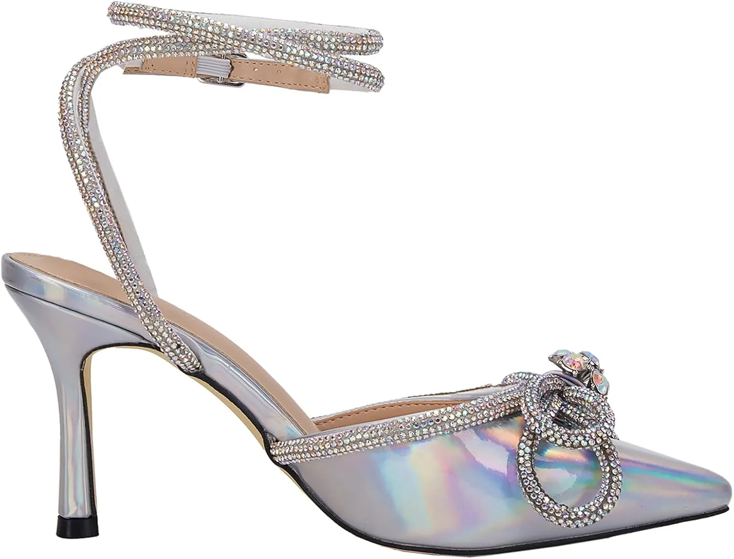 VETASTE Women's Double Bow Pointed Toe Ankle Strap Crystal Pumps Wedding Bridal Party Stilettos Backless Satin Heeled Sandals