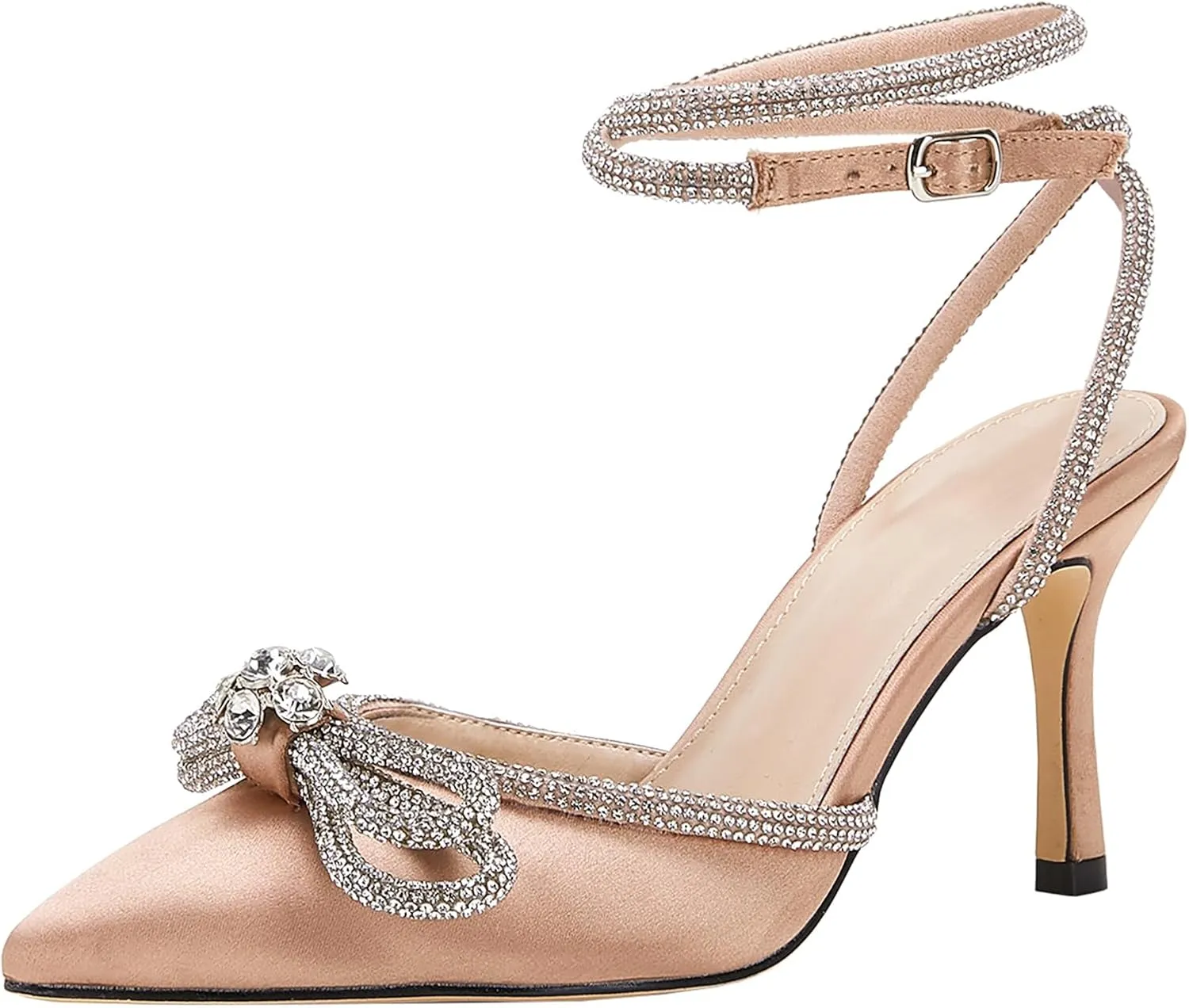 VETASTE Women's Double Bow Pointed Toe Ankle Strap Crystal Pumps Wedding Bridal Party Stilettos Backless Satin Heeled Sandals