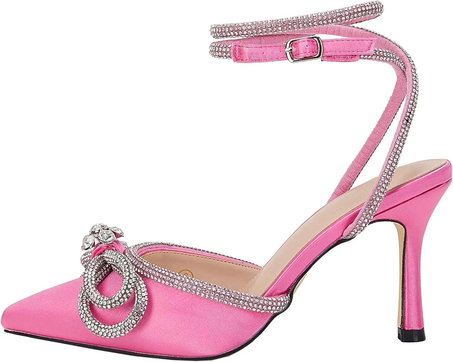 VETASTE Women's Double Bow Pointed Toe Ankle Strap Crystal Pumps Wedding Bridal Party Stilettos Backless Satin Heeled Sandals