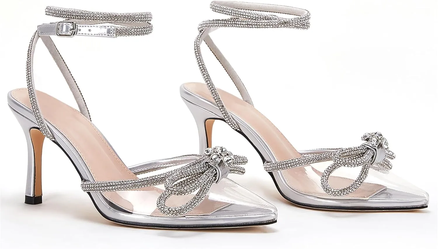 VETASTE Women's Double Bow Pointed Toe Ankle Strap Crystal Pumps Wedding Bridal Party Stilettos Backless Satin Heeled Sandals
