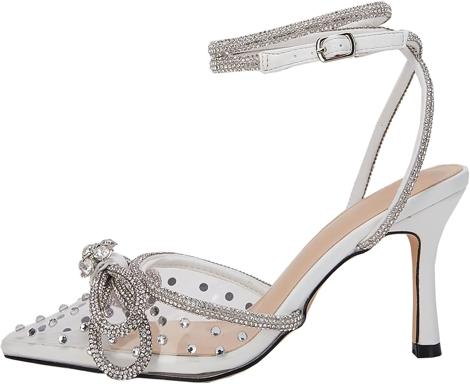 VETASTE Women's Double Bow Pointed Toe Ankle Strap Crystal Pumps Wedding Bridal Party Stilettos Backless Satin Heeled Sandals