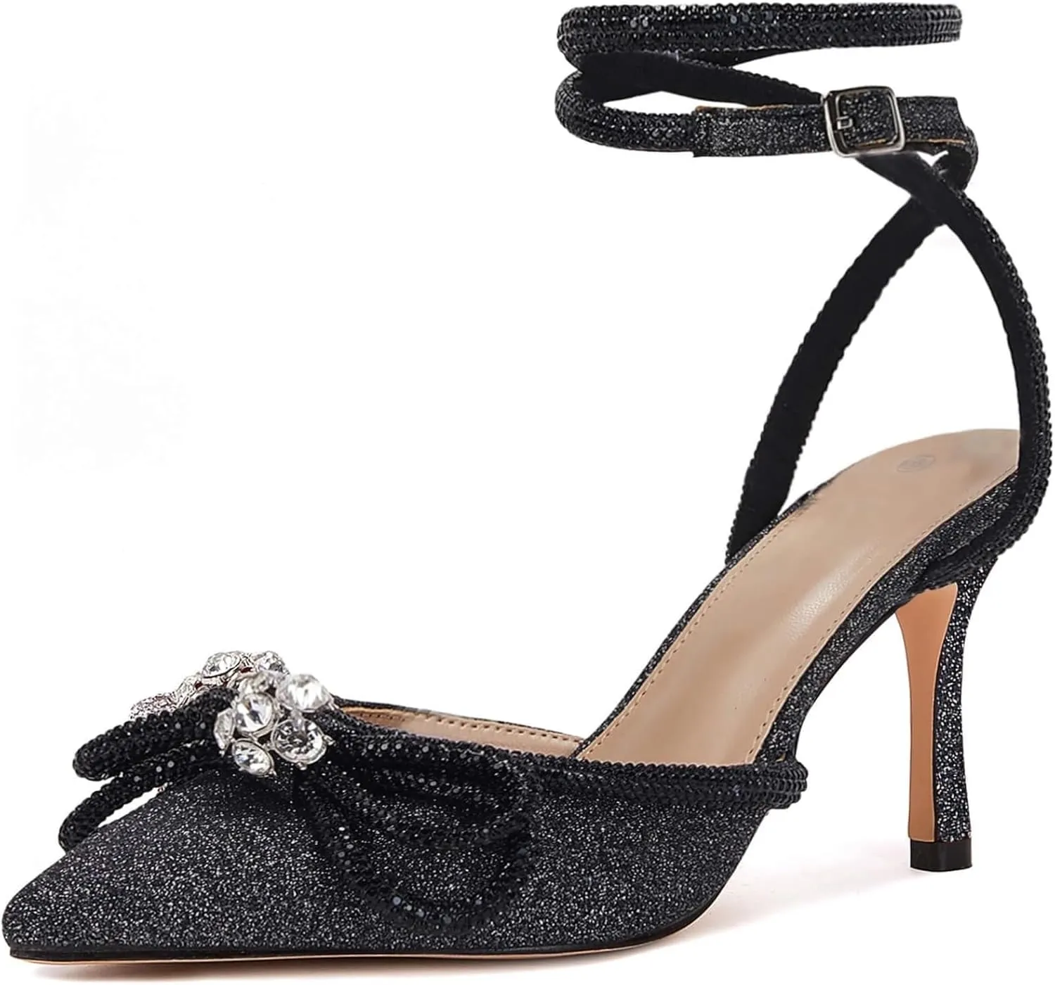 VETASTE Women's Double Bow Pointed Toe Ankle Strap Crystal Pumps Wedding Bridal Party Stilettos Backless Satin Heeled Sandals