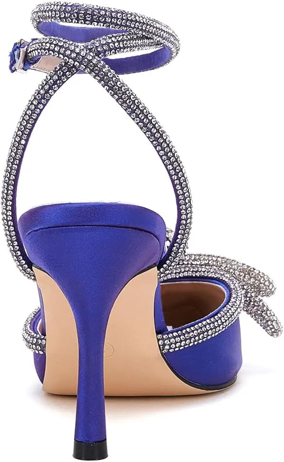 VETASTE Women's Double Bow Pointed Toe Ankle Strap Crystal Pumps Wedding Bridal Party Stilettos Backless Satin Heeled Sandals
