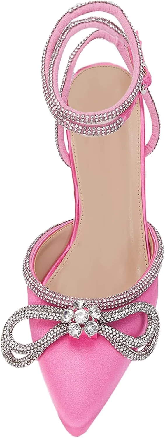 VETASTE Women's Double Bow Pointed Toe Ankle Strap Crystal Pumps Wedding Bridal Party Stilettos Backless Satin Heeled Sandals