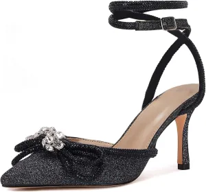 VETASTE Women's Double Bow Pointed Toe Ankle Strap Crystal Pumps Wedding Bridal Party Stilettos Backless Satin Heeled Sandals