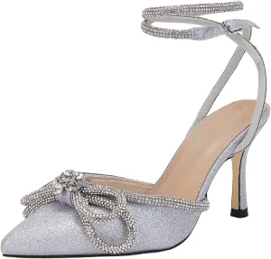 VETASTE Women's Double Bow Pointed Toe Ankle Strap Crystal Pumps Wedding Bridal Party Stilettos Backless Satin Heeled Sandals