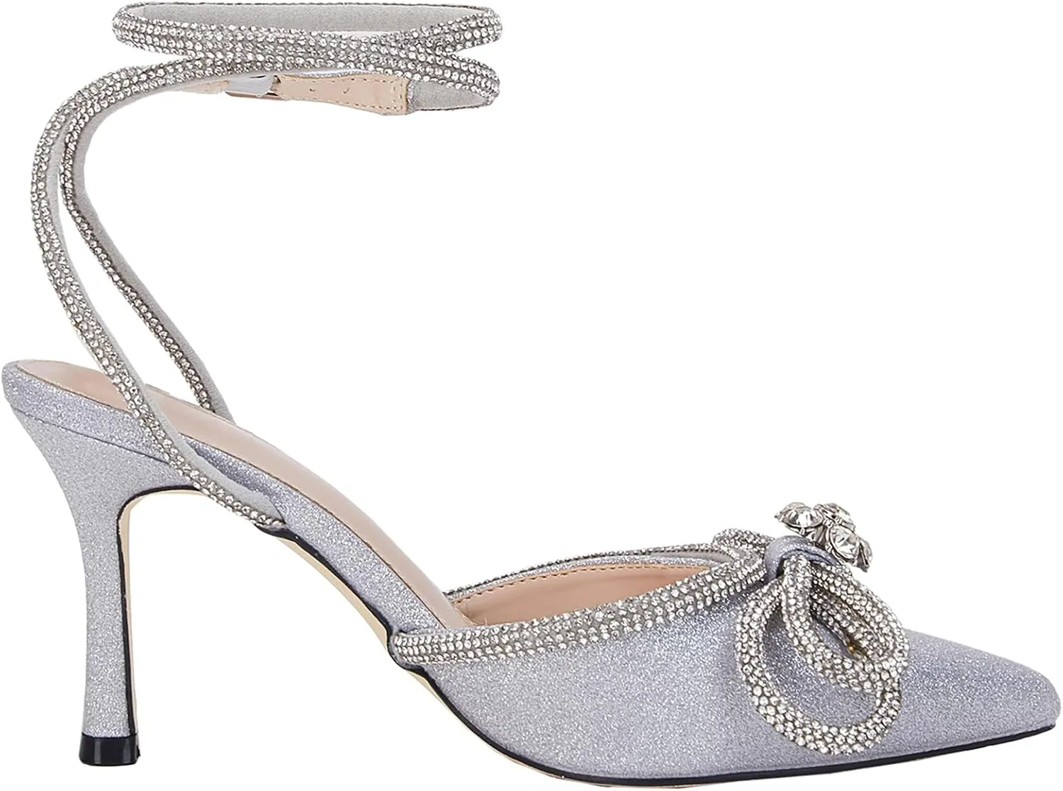 VETASTE Women's Double Bow Pointed Toe Ankle Strap Crystal Pumps Wedding Bridal Party Stilettos Backless Satin Heeled Sandals