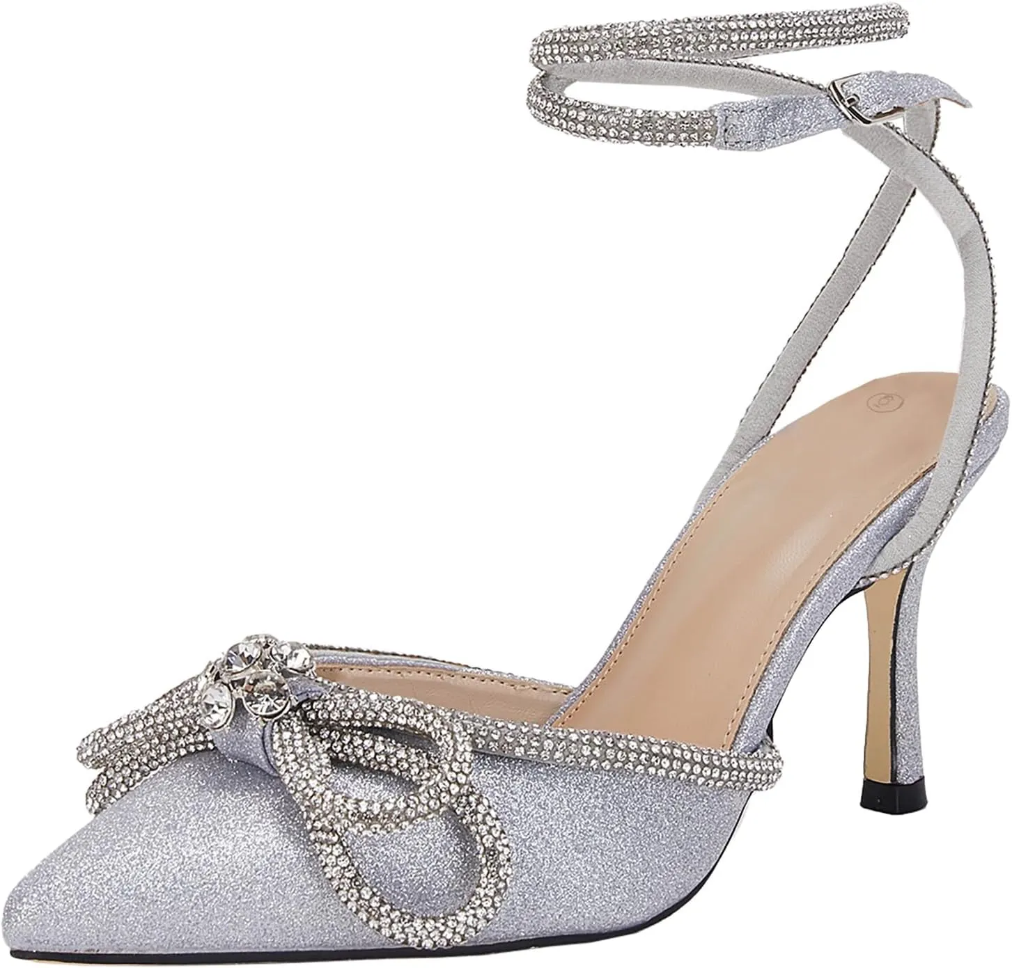 VETASTE Women's Double Bow Pointed Toe Ankle Strap Crystal Pumps Wedding Bridal Party Stilettos Backless Satin Heeled Sandals