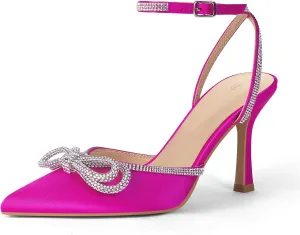 VETASTE Women's Double Bow Pointed Toe Ankle Strap Crystal Pumps Wedding Bridal Party Stilettos Backless Satin Heeled Sandals