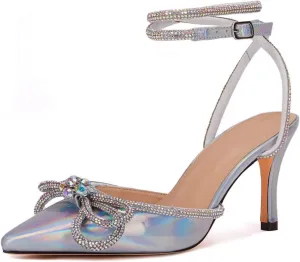 VETASTE Women's Double Bow Pointed Toe Ankle Strap Crystal Pumps Wedding Bridal Party Stilettos Backless Satin Heeled Sandals