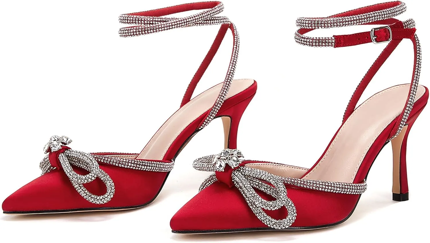 VETASTE Women's Double Bow Pointed Toe Ankle Strap Crystal Pumps Wedding Bridal Party Stilettos Backless Satin Heeled Sandals