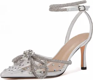 VETASTE Women's Double Bow Pointed Toe Ankle Strap Crystal Pumps Wedding Bridal Party Stilettos Backless Satin Heeled Sandals