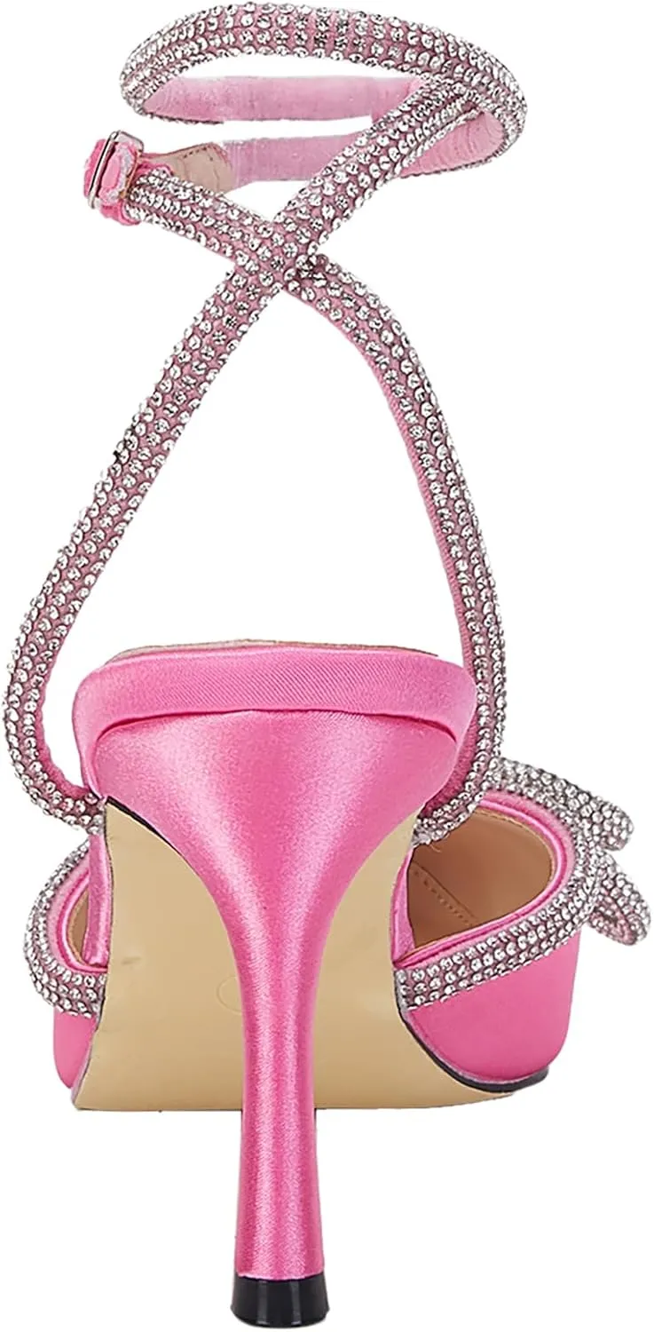 VETASTE Women's Double Bow Pointed Toe Ankle Strap Crystal Pumps Wedding Bridal Party Stilettos Backless Satin Heeled Sandals