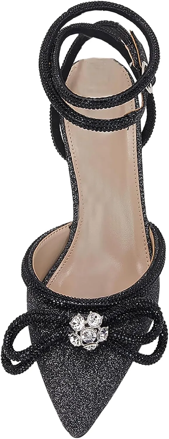 VETASTE Women's Double Bow Pointed Toe Ankle Strap Crystal Pumps Wedding Bridal Party Stilettos Backless Satin Heeled Sandals