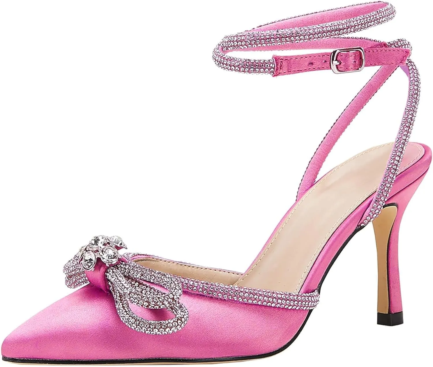 VETASTE Women's Double Bow Pointed Toe Ankle Strap Crystal Pumps Wedding Bridal Party Stilettos Backless Satin Heeled Sandals