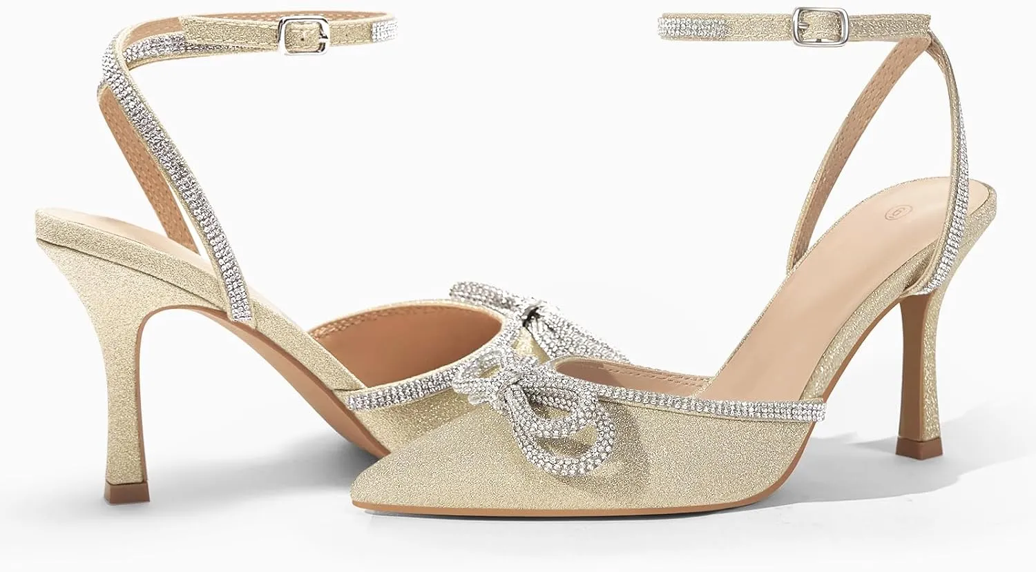 VETASTE Women's Double Bow Pointed Toe Ankle Strap Crystal Pumps Wedding Bridal Party Stilettos Backless Satin Heeled Sandals