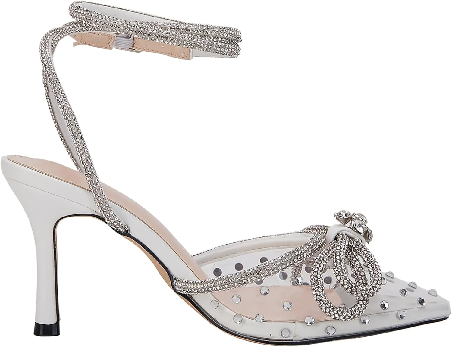 VETASTE Women's Double Bow Pointed Toe Ankle Strap Crystal Pumps Wedding Bridal Party Stilettos Backless Satin Heeled Sandals