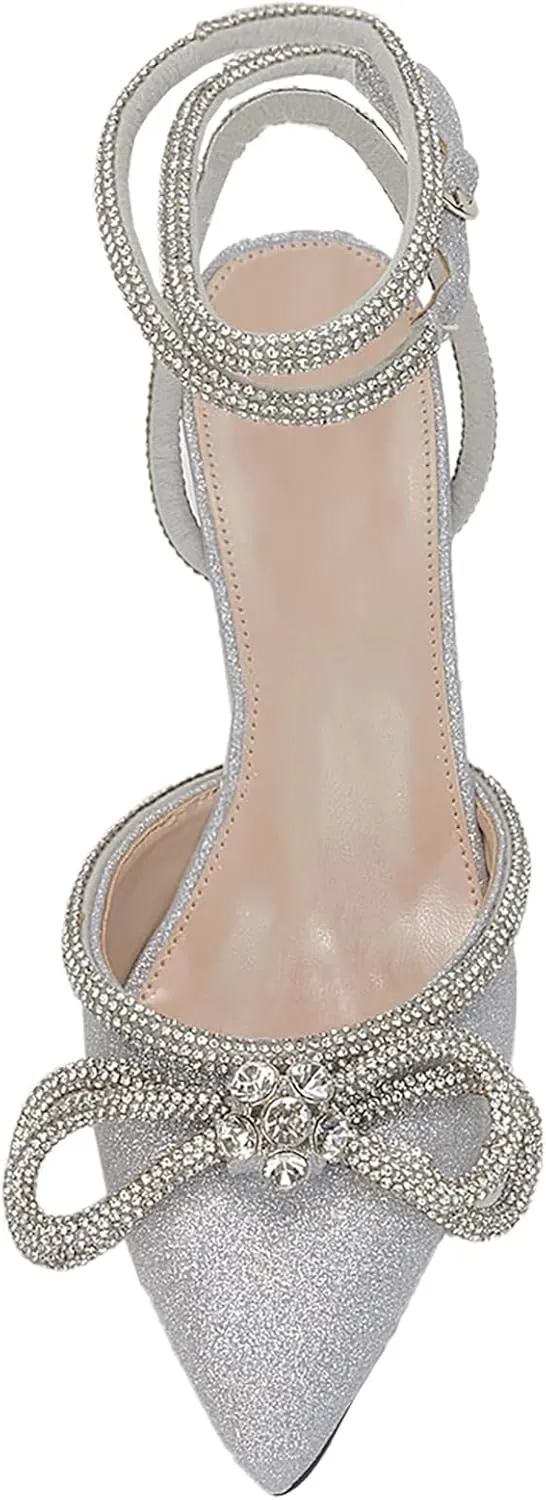 VETASTE Women's Double Bow Pointed Toe Ankle Strap Crystal Pumps Wedding Bridal Party Stilettos Backless Satin Heeled Sandals