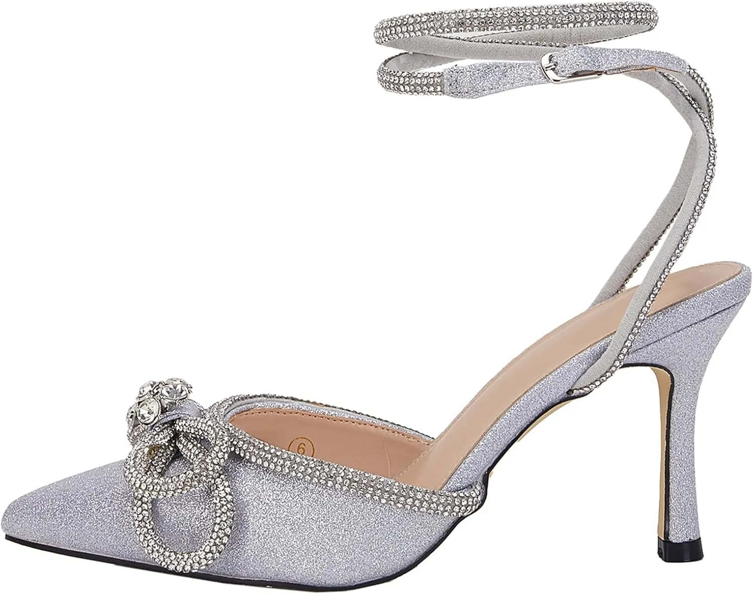 VETASTE Women's Double Bow Pointed Toe Ankle Strap Crystal Pumps Wedding Bridal Party Stilettos Backless Satin Heeled Sandals