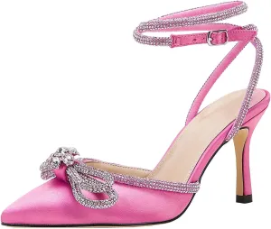 VETASTE Women's Double Bow Pointed Toe Ankle Strap Crystal Pumps Wedding Bridal Party Stilettos Backless Satin Heeled Sandals