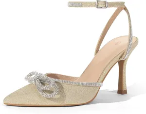 VETASTE Women's Double Bow Pointed Toe Ankle Strap Crystal Pumps Wedding Bridal Party Stilettos Backless Satin Heeled Sandals