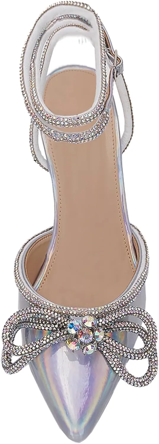 VETASTE Women's Double Bow Pointed Toe Ankle Strap Crystal Pumps Wedding Bridal Party Stilettos Backless Satin Heeled Sandals