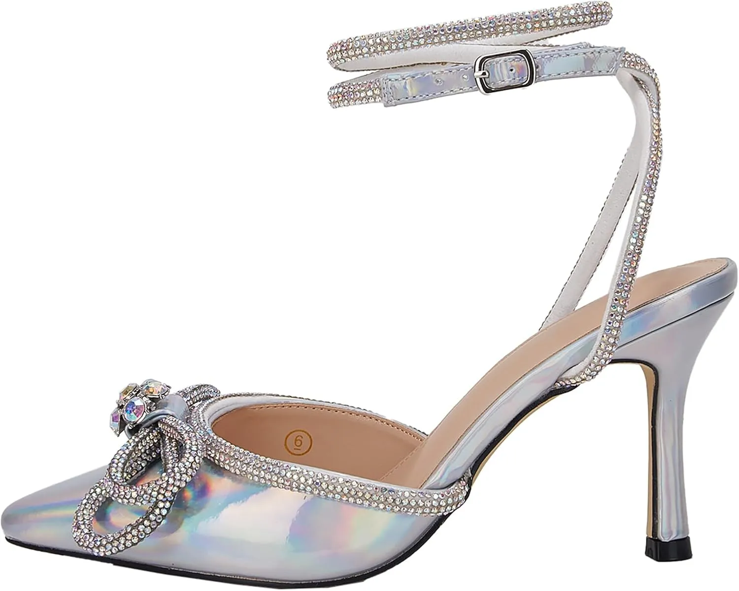 VETASTE Women's Double Bow Pointed Toe Ankle Strap Crystal Pumps Wedding Bridal Party Stilettos Backless Satin Heeled Sandals