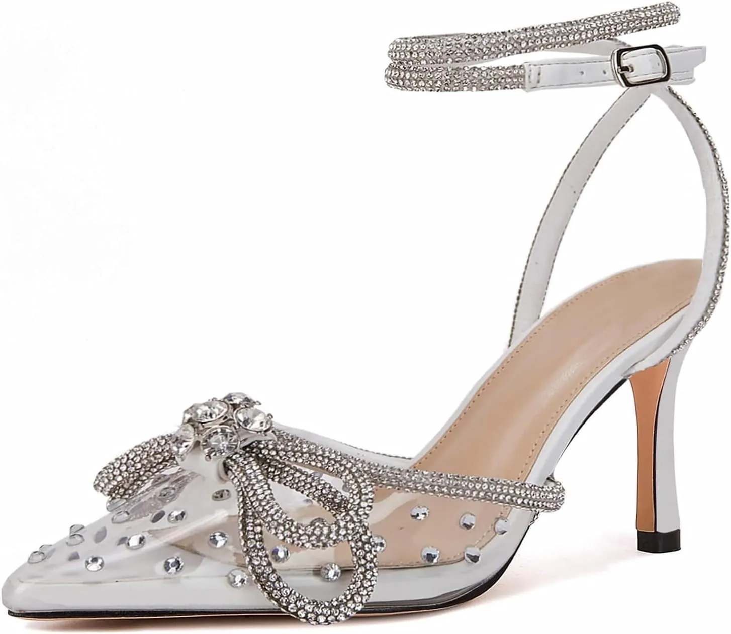 VETASTE Women's Double Bow Pointed Toe Ankle Strap Crystal Pumps Wedding Bridal Party Stilettos Backless Satin Heeled Sandals