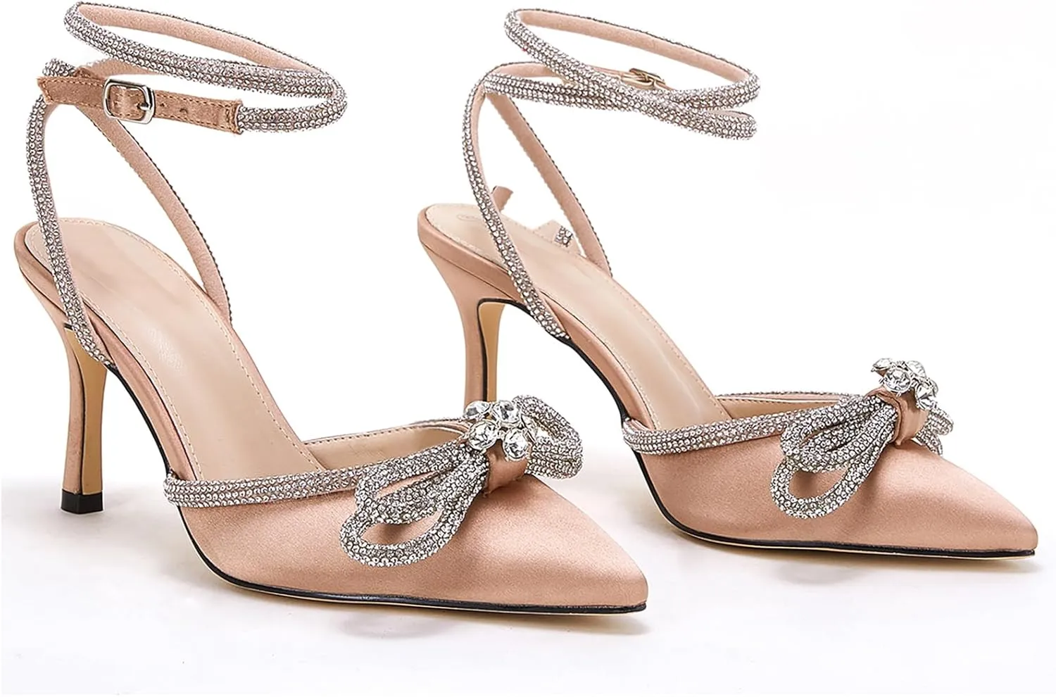VETASTE Women's Double Bow Pointed Toe Ankle Strap Crystal Pumps Wedding Bridal Party Stilettos Backless Satin Heeled Sandals