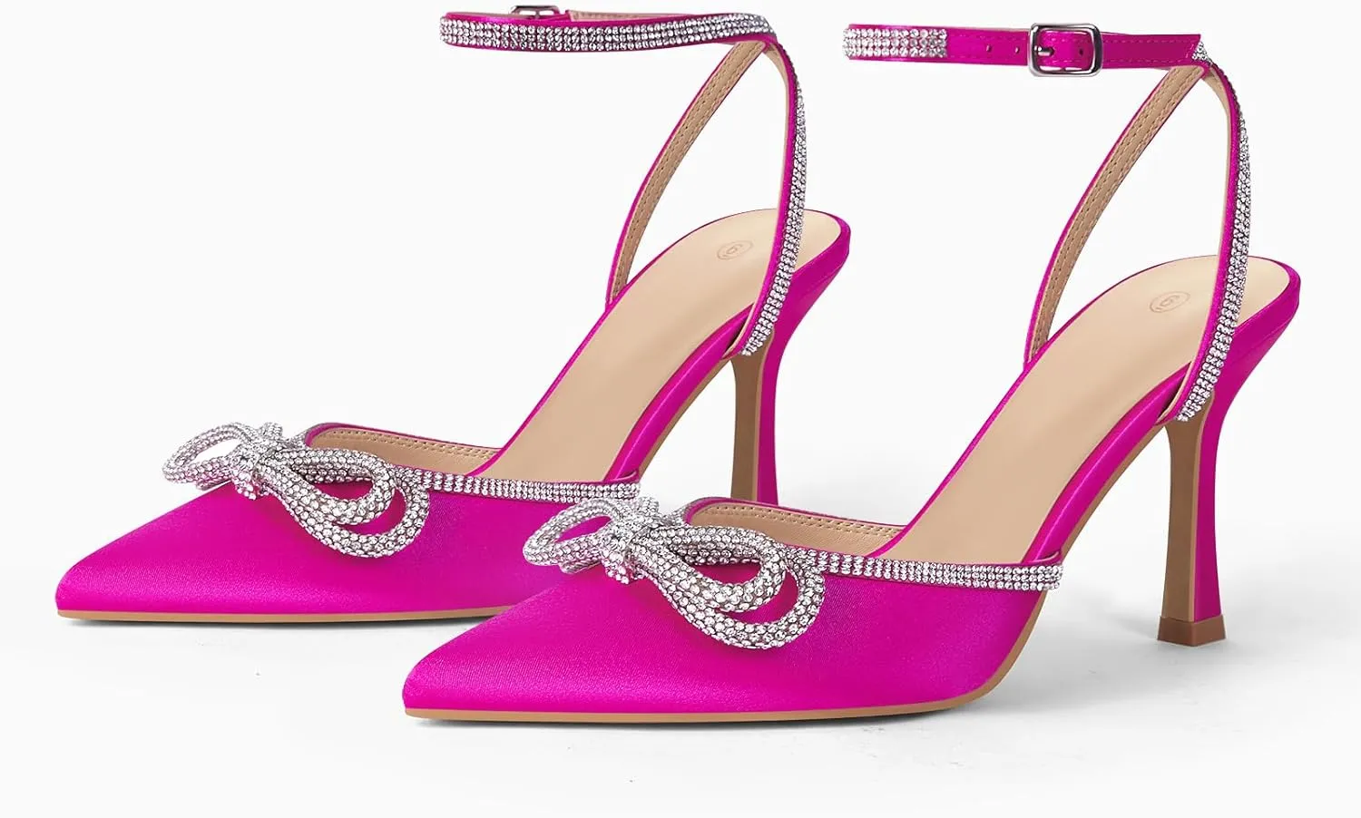 VETASTE Women's Double Bow Pointed Toe Ankle Strap Crystal Pumps Wedding Bridal Party Stilettos Backless Satin Heeled Sandals
