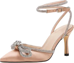 VETASTE Women's Double Bow Pointed Toe Ankle Strap Crystal Pumps Wedding Bridal Party Stilettos Backless Satin Heeled Sandals