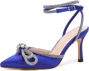 VETASTE Women's Double Bow Pointed Toe Ankle Strap Crystal Pumps Wedding Bridal Party Stilettos Backless Satin Heeled Sandals