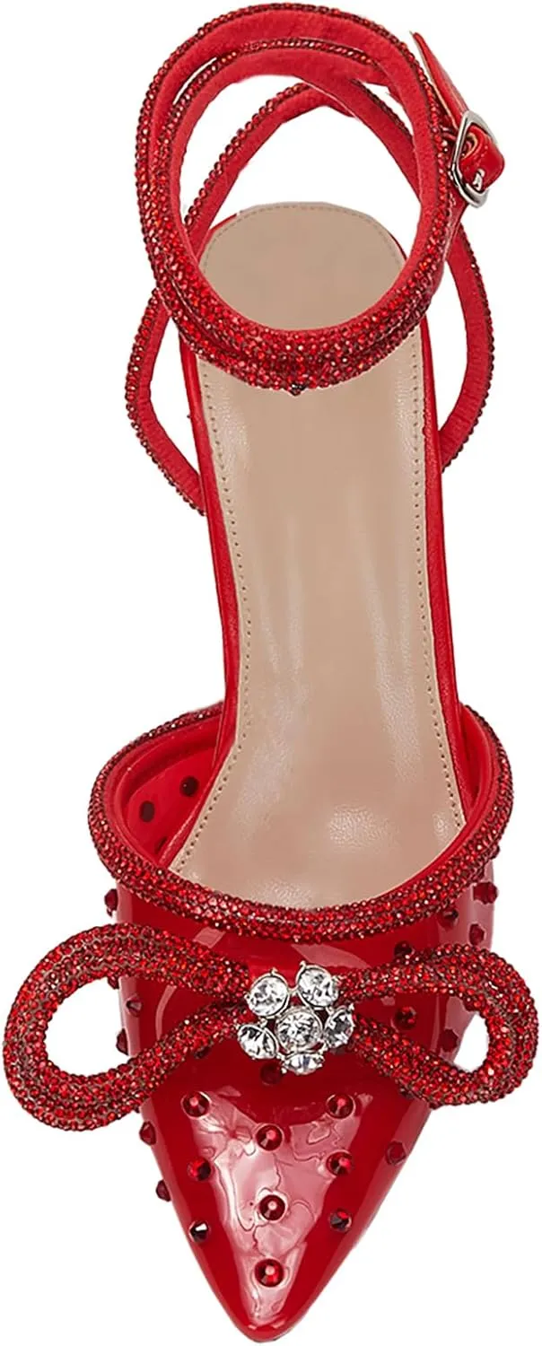 VETASTE Women's Double Bow Pointed Toe Ankle Strap Crystal Pumps Wedding Bridal Party Stilettos Backless Satin Heeled Sandals