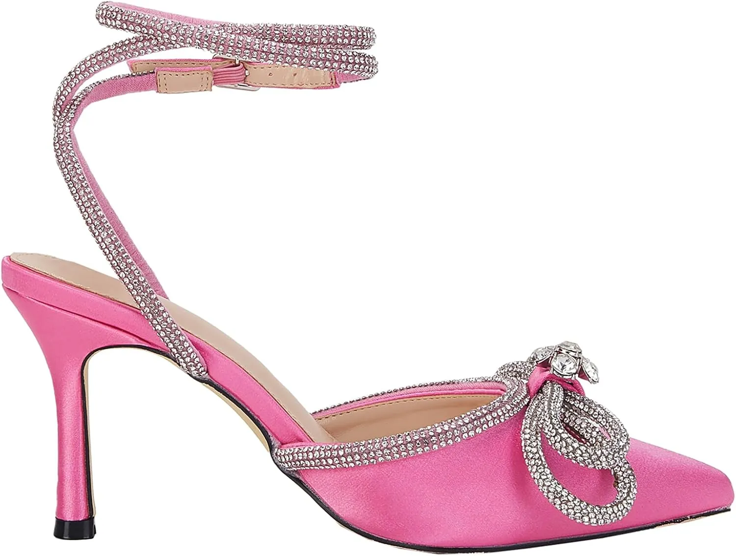 VETASTE Women's Double Bow Pointed Toe Ankle Strap Crystal Pumps Wedding Bridal Party Stilettos Backless Satin Heeled Sandals