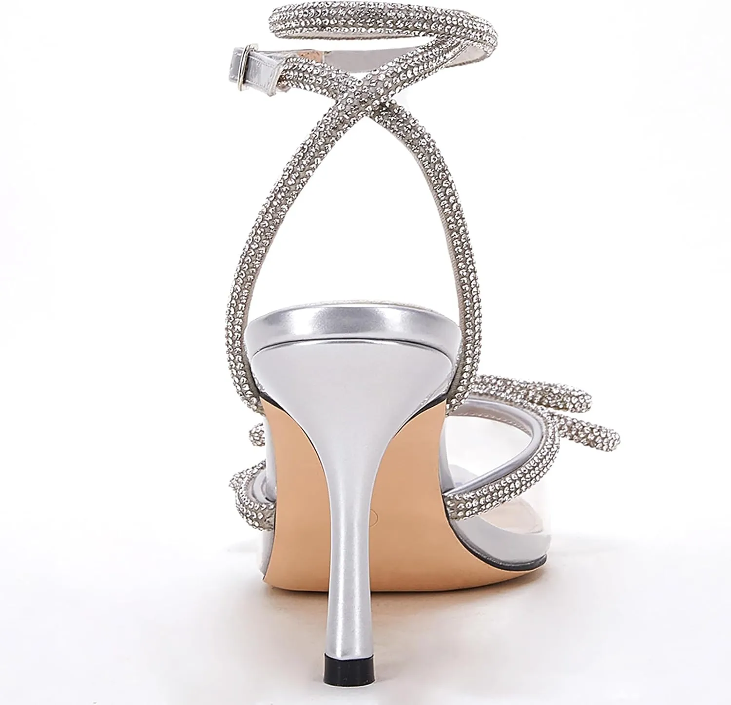 VETASTE Women's Double Bow Pointed Toe Ankle Strap Crystal Pumps Wedding Bridal Party Stilettos Backless Satin Heeled Sandals
