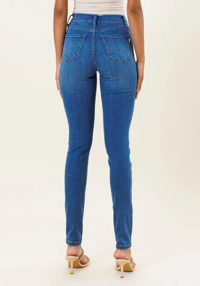 Vibrant Women's Stretch Skinny Jeans - High Waisted Slit Ripped Knee Solid Casual Denim Pants