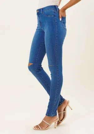 Vibrant Women's Stretch Skinny Jeans - High Waisted Slit Ripped Knee Solid Casual Denim Pants