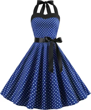 Vintage Women 1950s Rockabilly Swing Dress Pinup 50s Retro Hepburn Style Halterneck A-Line Dresses