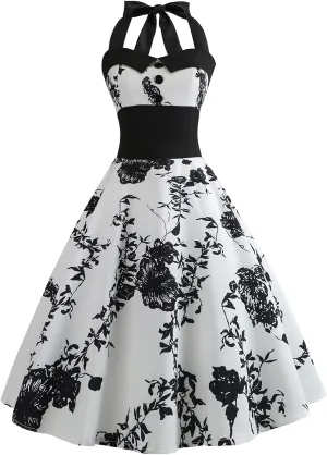 Vintage Women 1950s Rockabilly Swing Dress Pinup 50s Retro Hepburn Style Halterneck A-Line Dresses